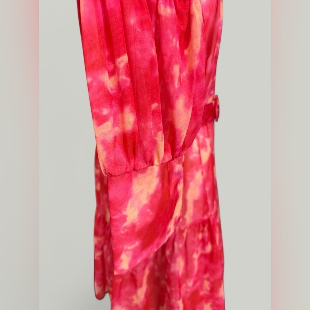 Dress Women Size Large Pink Tie Dye Mini Ruffle Long Sleeves Tiered Skirt Sheer - Picture 12 of 15